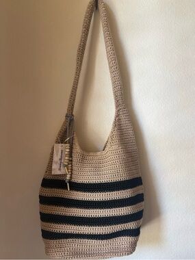 Tommy Bahama Beige and Black Striped Crochet Shoulder Bag